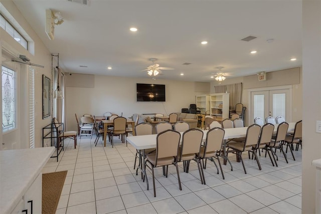 dining space with recessed lighting, light tile patterned flooring, french doors, and visible vents