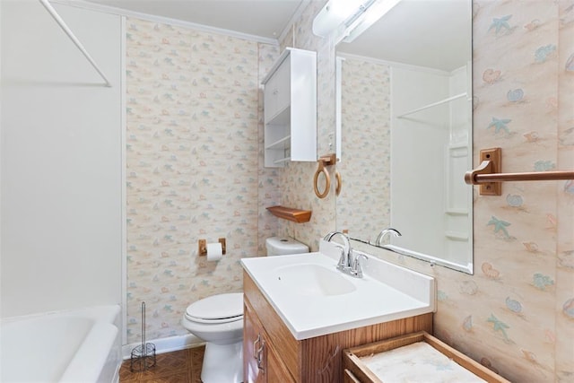 full bathroom featuring a tub to relax in, wallpapered walls, toilet, crown molding, and vanity