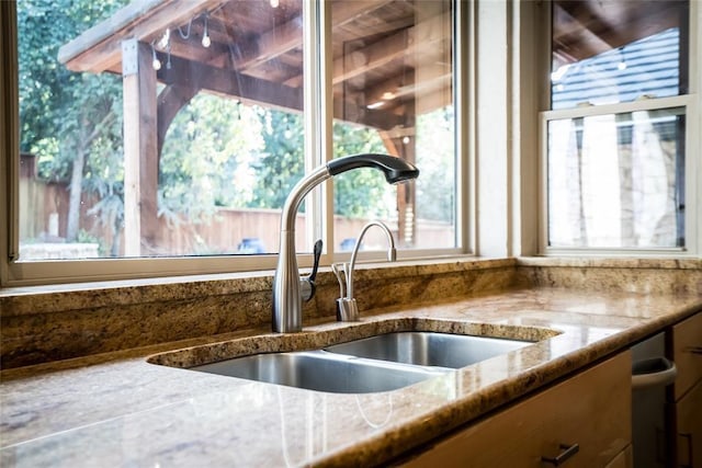 interior details featuring stone counters and a sink