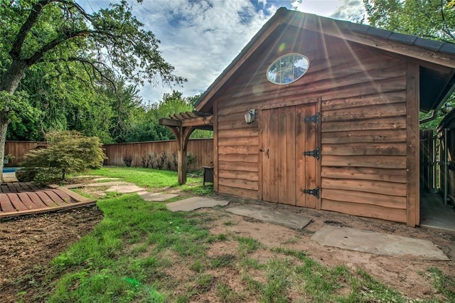 view of shed featuring a fenced backyard