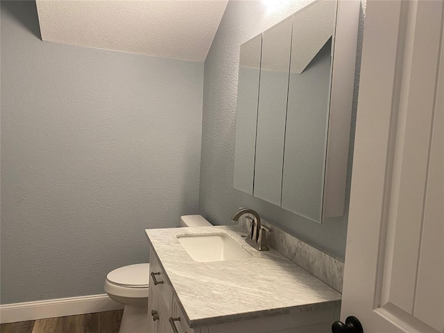 bathroom featuring a textured wall, wood finished floors, vanity, and toilet