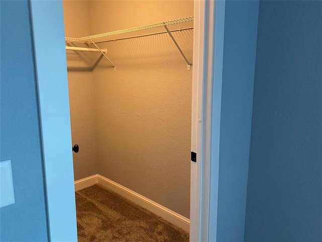 walk in closet featuring dark carpet