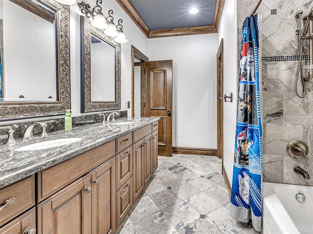 bathroom with double vanity, ornamental molding, shower / bath combo with shower curtain, and a sink