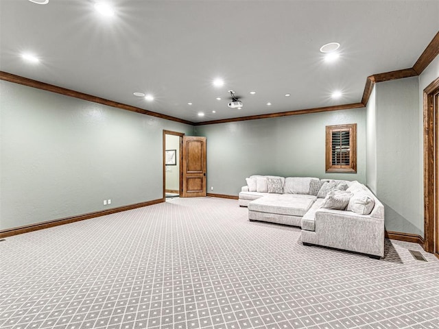 living area featuring recessed lighting, carpet flooring, crown molding, and baseboards