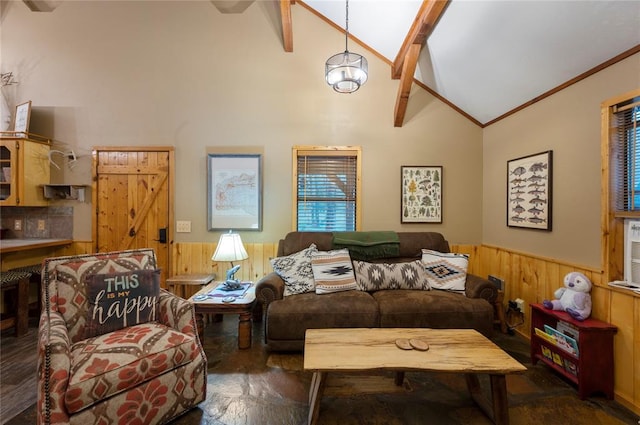 living room featuring crown molding, wainscoting, and wooden walls