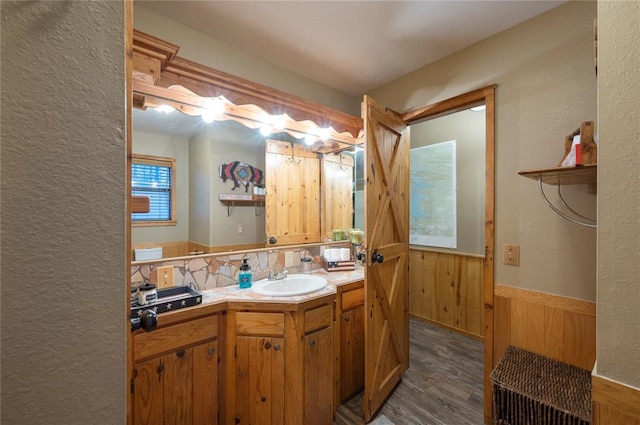 bathroom featuring a wainscoted wall, vanity, wood finished floors, and wood walls