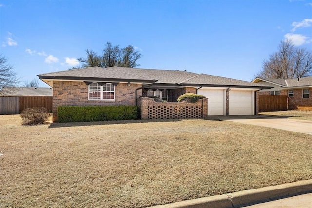 single story home featuring concrete driveway, roof with shingles, an attached garage, fence, and brick siding