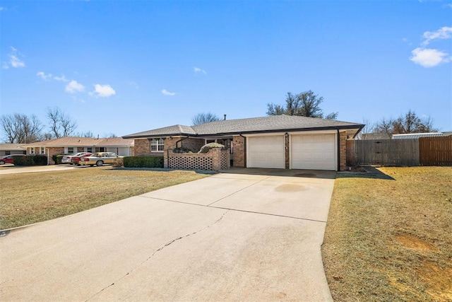 ranch-style house with brick siding, a front yard, fence, a garage, and driveway