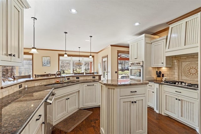 kitchen featuring a healthy amount of sunlight, crown molding, stainless steel appliances, and a sink