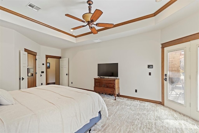 bedroom with baseboards, visible vents, a raised ceiling, light colored carpet, and access to exterior