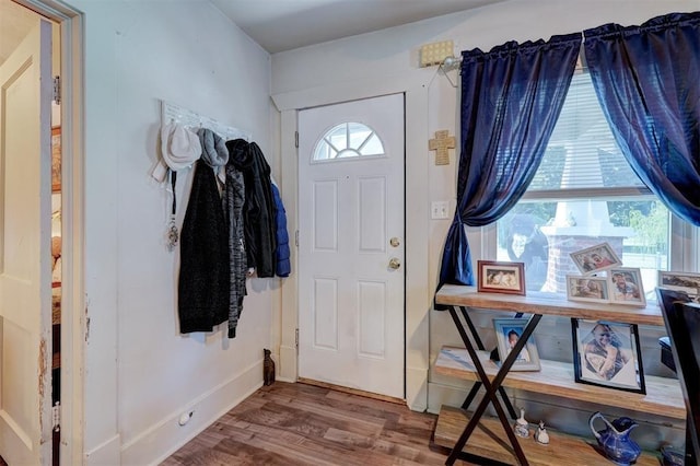 foyer with baseboards and wood finished floors