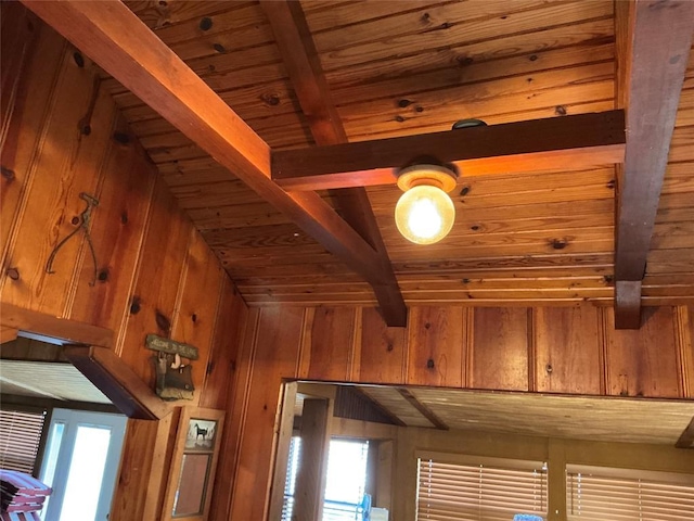 22 W Shore Dr, Arcadia, OK 73007 - details featuring wooden ceiling, beamed ceiling, and wood walls