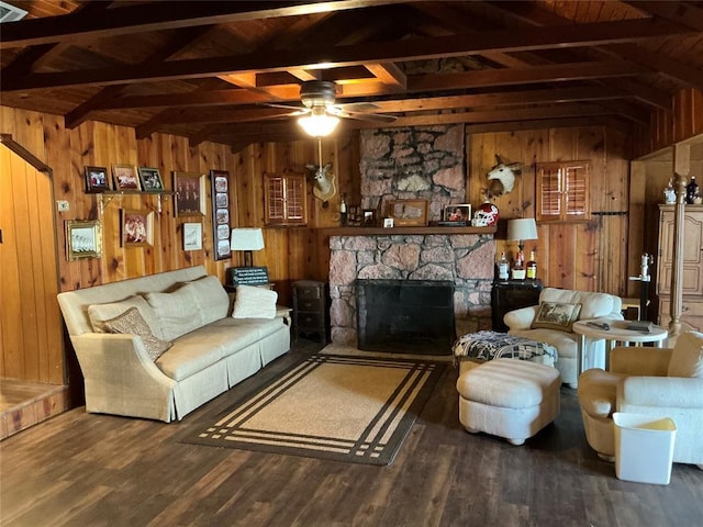 22 W Shore Dr, Arcadia, OK 73007 - living area with lofted ceiling with beams, a stone fireplace, wood walls, and wood finished floors