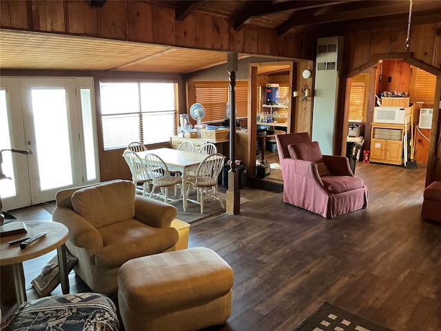 22 W Shore Dr, Arcadia, OK 73007 - living area with french doors, wooden walls, wood finished floors, wooden ceiling, and beamed ceiling