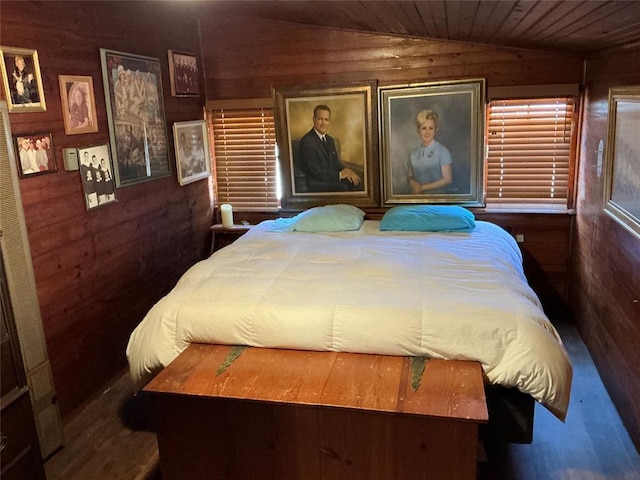 22 W Shore Dr, Arcadia, OK 73007 - bedroom featuring lofted ceiling, wooden ceiling, and wooden walls