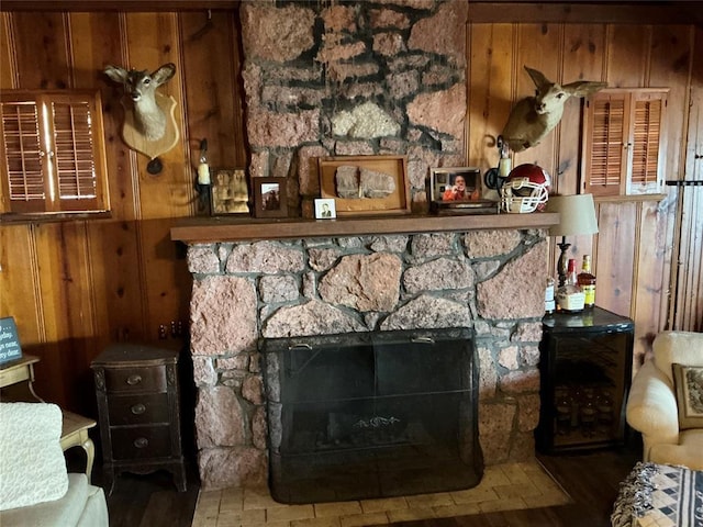 22 W Shore Dr, Arcadia, OK 73007 - interior details featuring a stone fireplace and wood walls