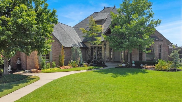 view of front of house with a front yard and brick siding