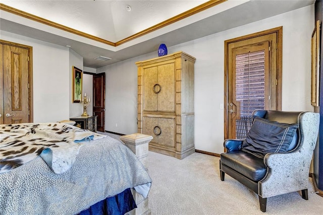 bedroom with light carpet, visible vents, a raised ceiling, and baseboards