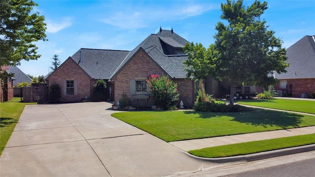 view of front of home featuring driveway, brick siding, a front lawn, and fence