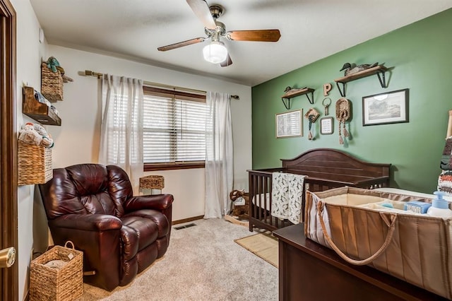 bedroom with a ceiling fan, carpet, visible vents, and baseboards