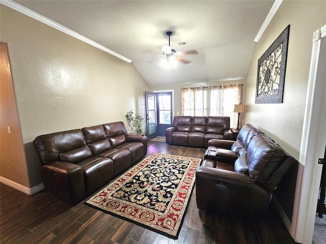 living area with crown molding, visible vents, vaulted ceiling, and wood finished floors