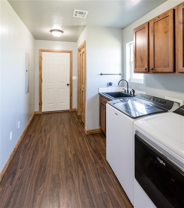 washroom with cabinet space, electric panel, visible vents, dark wood-style flooring, and a sink