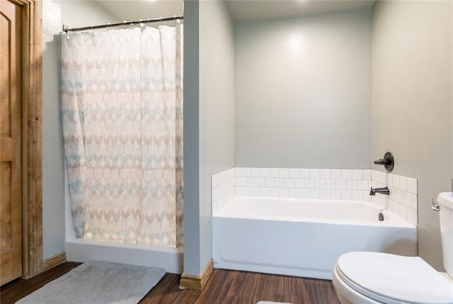 full bathroom featuring a tub, a shower with curtain, toilet, and wood finished floors