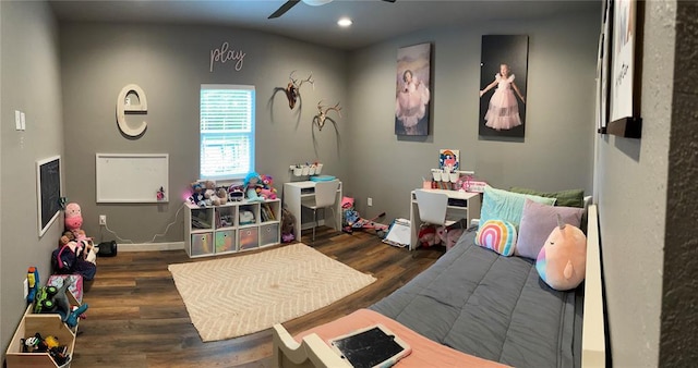 rec room featuring ceiling fan, baseboards, wood finished floors, and recessed lighting