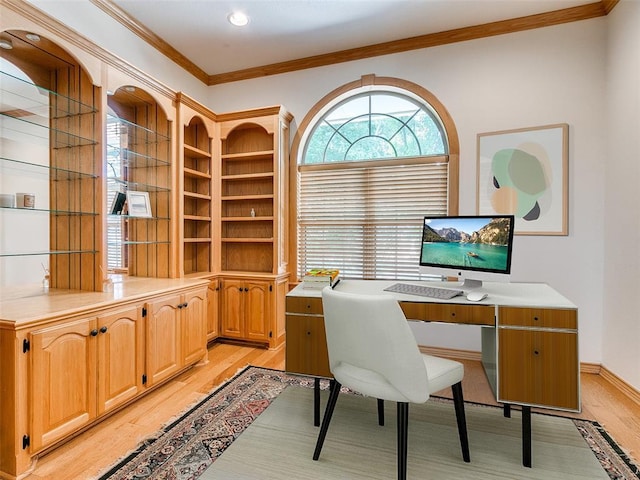 office with ornamental molding, baseboards, and light wood finished floors