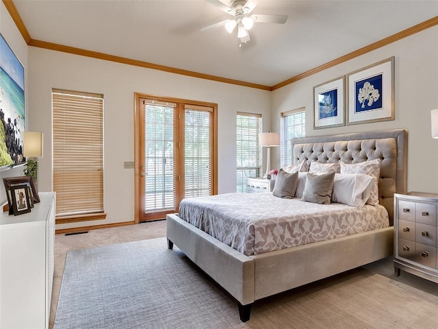 bedroom with access to exterior, crown molding, visible vents, and carpet flooring