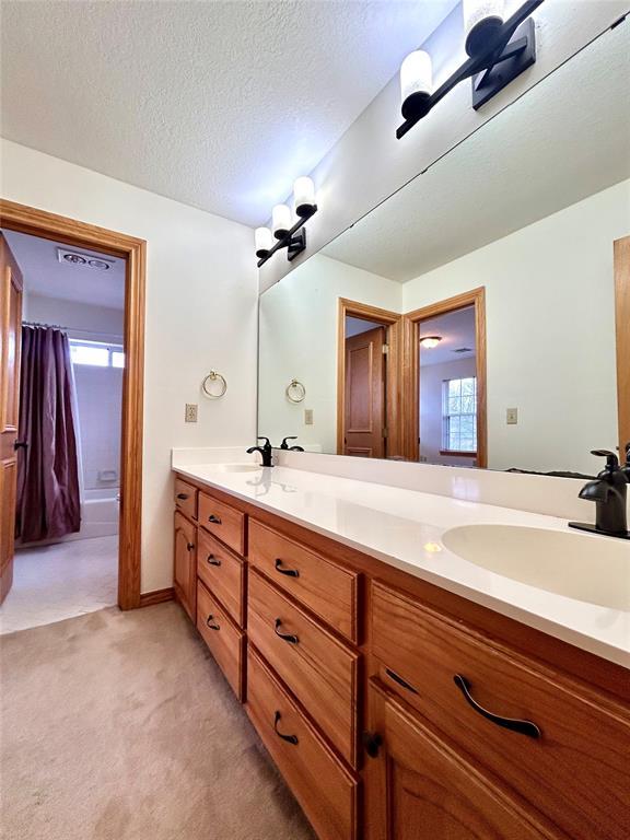 full bathroom featuring double vanity, plenty of natural light, a textured ceiling, and a sink