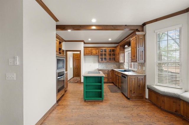 kitchen with light wood-style flooring, appliances with stainless steel finishes, open shelves, and backsplash