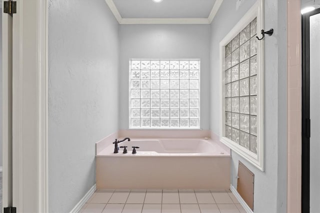 full bathroom featuring ornamental molding, baseboards, and a bath