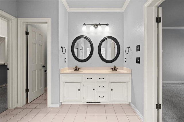 full bathroom with baseboards, tile patterned flooring, a sink, and crown molding