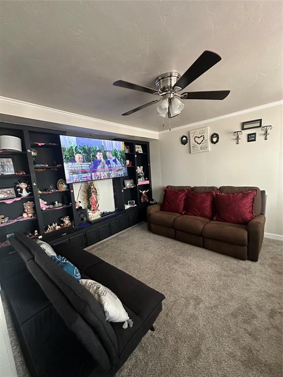 carpeted home theater room with ceiling fan, a textured ceiling, and crown molding