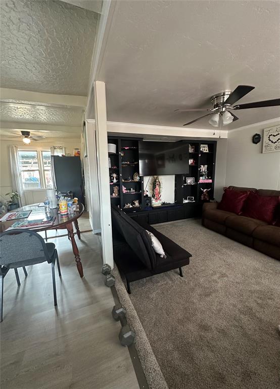 living area featuring a textured ceiling, ceiling fan, and wood finished floors