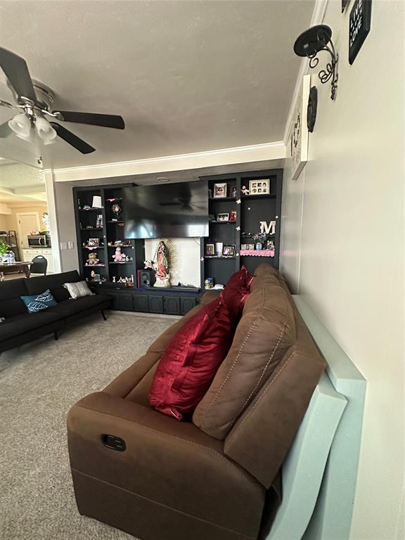 carpeted living area featuring ceiling fan