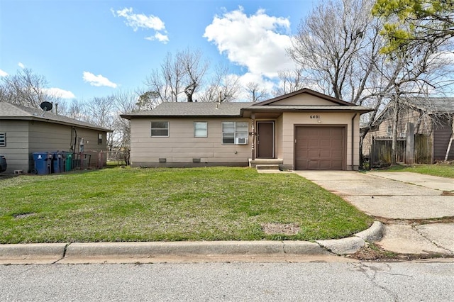 ranch-style home with a garage, driveway, a front lawn, and fence