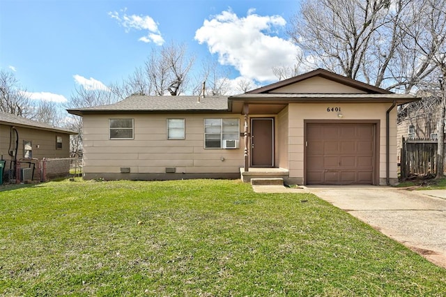 single story home featuring an attached garage, fence, concrete driveway, crawl space, and a front lawn