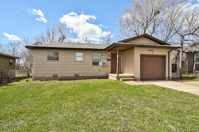 ranch-style house with driveway, crawl space, an attached garage, fence, and a front yard