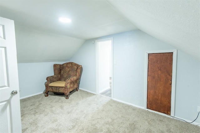 709 S Broadway, Geary, OK 73040 - unfurnished room with carpet flooring, a textured ceiling, baseboards, and lofted ceiling
