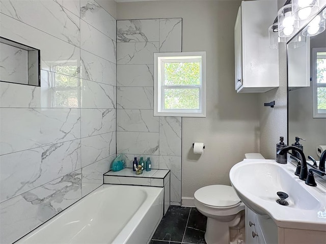 full bathroom featuring shower / bath combination, vanity, and toilet