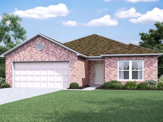 single story home featuring a garage, brick siding, driveway, and a front yard