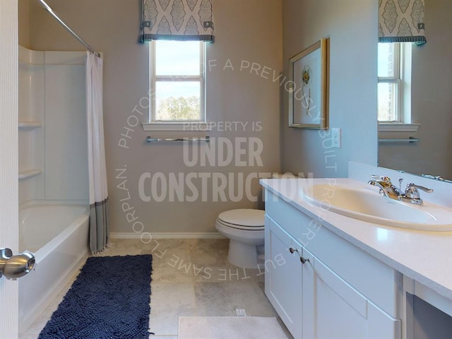 bathroom featuring toilet, tile patterned floors, shower / tub combo with curtain, and vanity