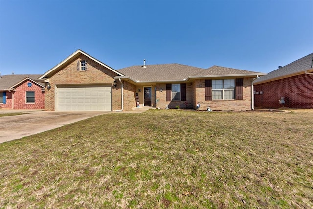 ranch-style home with brick siding, roof with shingles, an attached garage, a front yard, and driveway