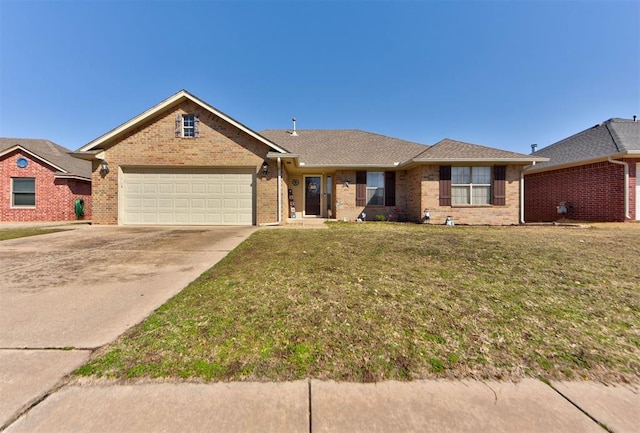 ranch-style home with driveway, brick siding, roof with shingles, an attached garage, and a front yard