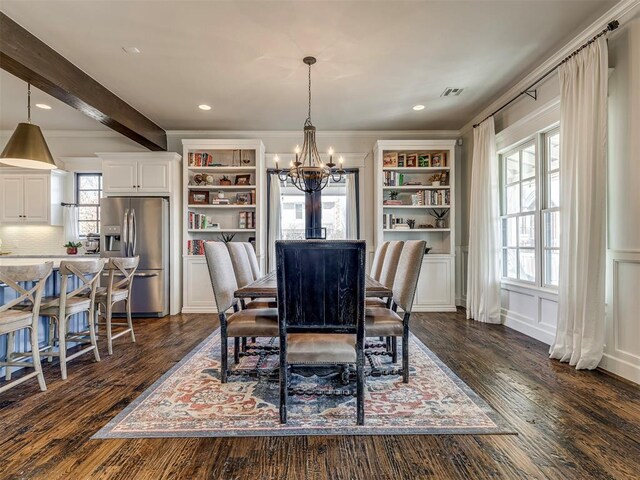 39 Boulevard, Carlton Landing, OK 74432 - dining space with visible vents, dark wood finished floors, beamed ceiling, an inviting chandelier, and a decorative wall
