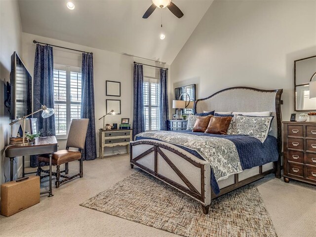 39 Boulevard, Carlton Landing, OK 74432 - bedroom featuring ceiling fan, high vaulted ceiling, carpet flooring, and recessed lighting