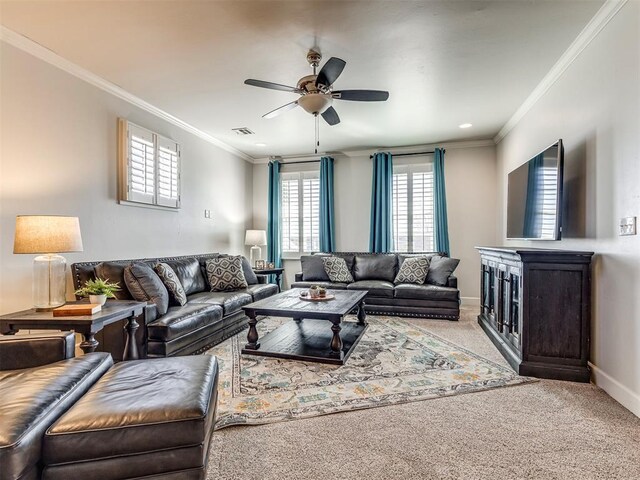 39 Boulevard, Carlton Landing, OK 74432 - living room featuring baseboards, visible vents, ceiling fan, crown molding, and carpet flooring