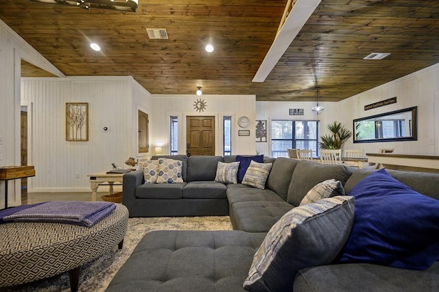 living area featuring visible vents, recessed lighting, wood ceiling, and baseboards